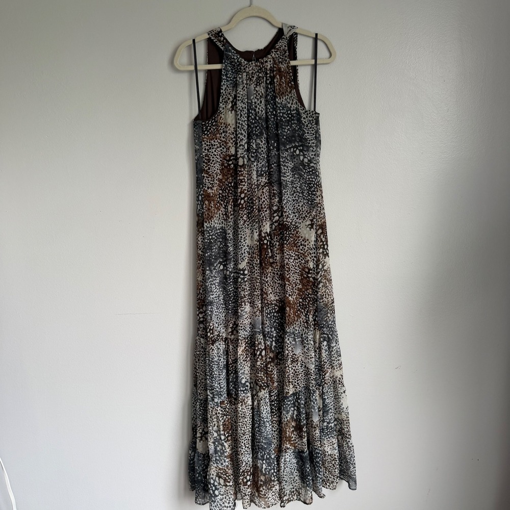 Y2K Roz & Ali Animal Print Tiered Maxi Dress Brown Grey Halter Neck Size 12